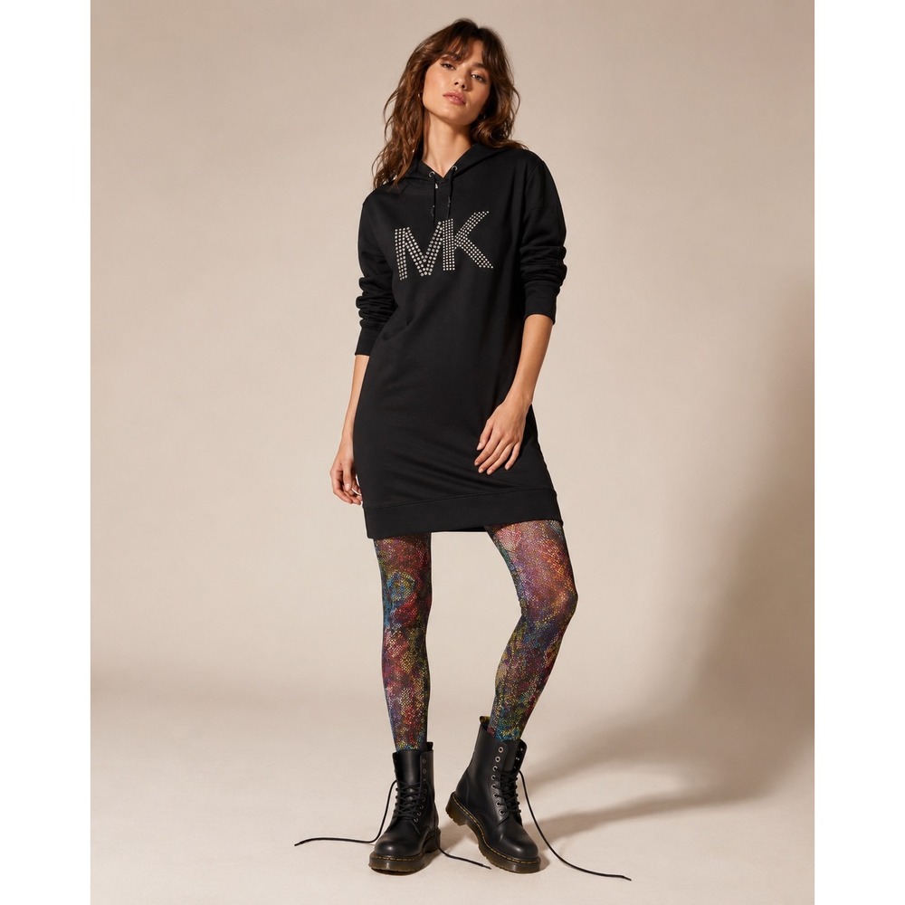 Michael Kors Black Studded MK Logo Hoodie Sweatshirt Dress Petite‎ Large NEW